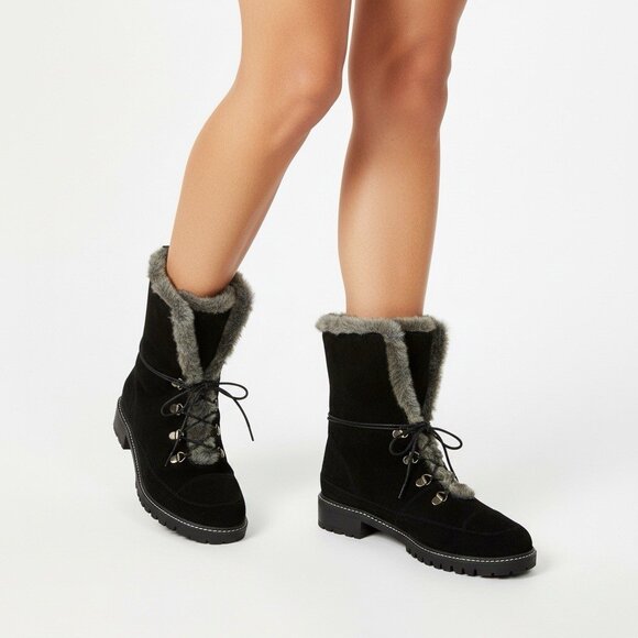 Stuart Weitzman Luge Bootie SZ 9 Fur Lined Lace Up Black Suede Winter Flat Warm - Picture 14 of 14